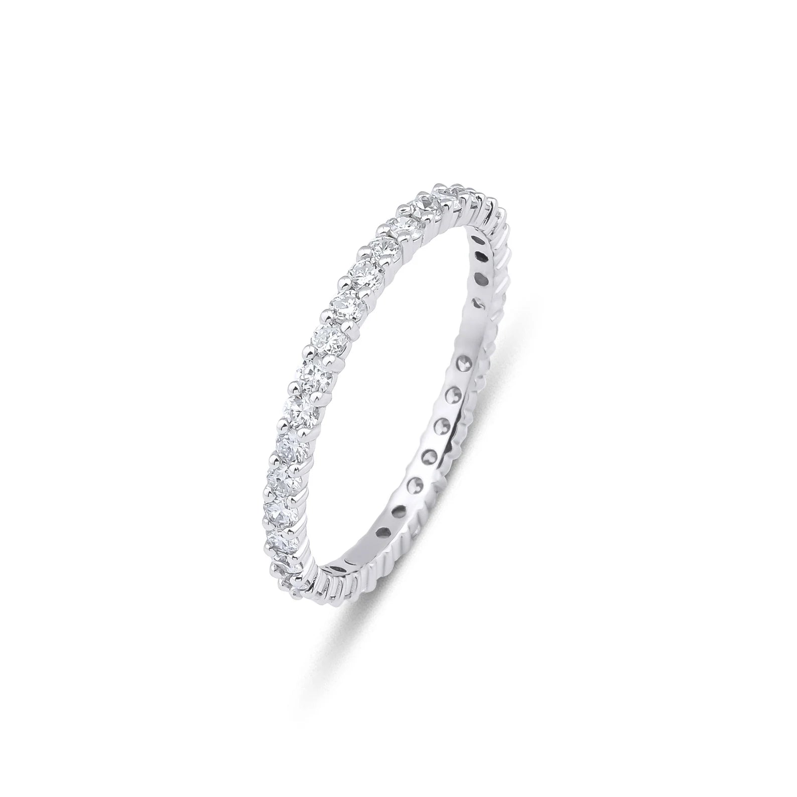 14K white gold eternity ring featuring 34 round diamonds with 0.70 carat total weight, shiny finish, and a width of 1.7mm.