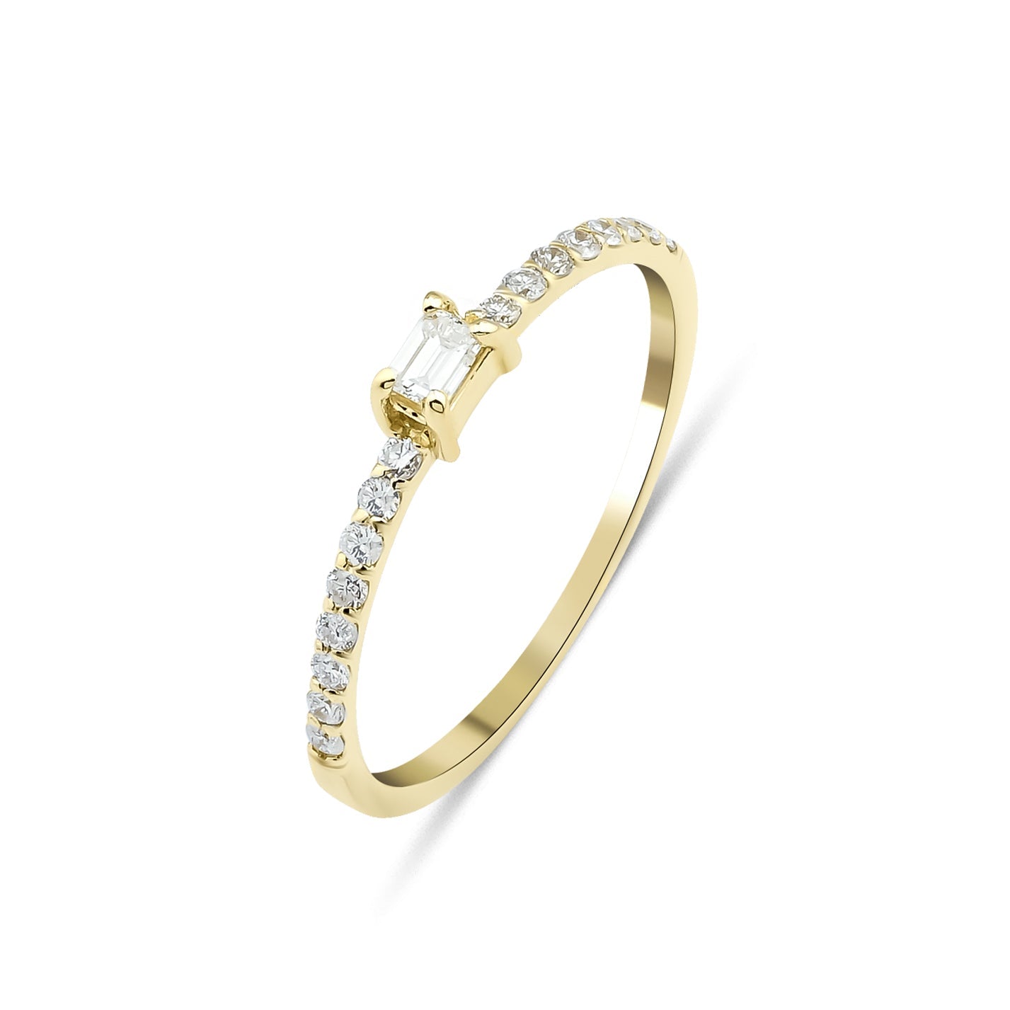 14K gold baguette diamond wedding ring with round diamonds, perfect for everyday elegance and special occasions.