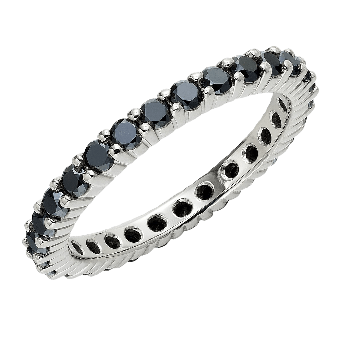 14K white gold black diamond eternity wedding ring featuring a shiny finish and 0.80 carats of round black diamonds.