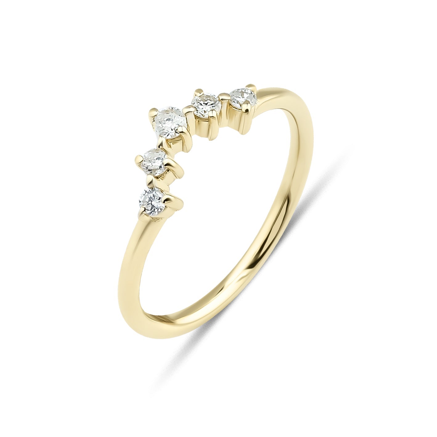 14K gold curved diamond wedding ring featuring five sparkling round diamonds, perfect for everyday elegance.