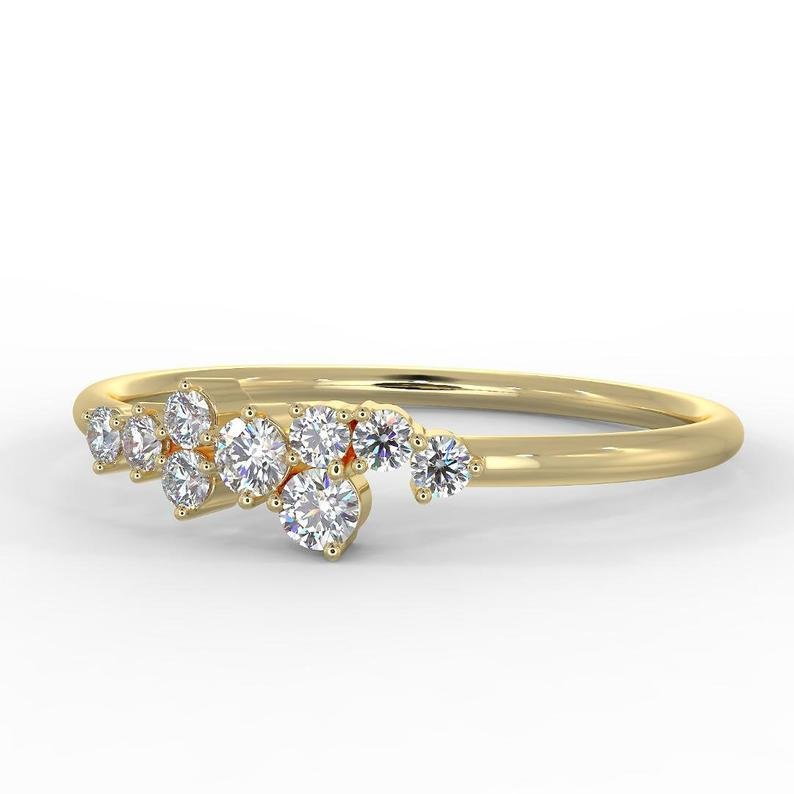 14K yellow gold minimalist diamond cluster ring with nine round diamonds, perfect for everyday elegance.