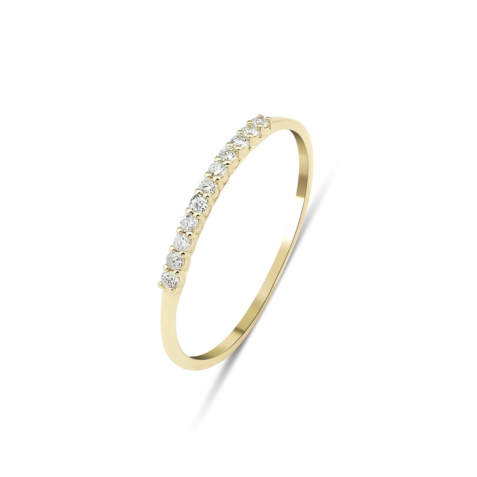 14K gold minimalist diamond wedding band featuring 11 round diamonds for a sparkling, elegant look.