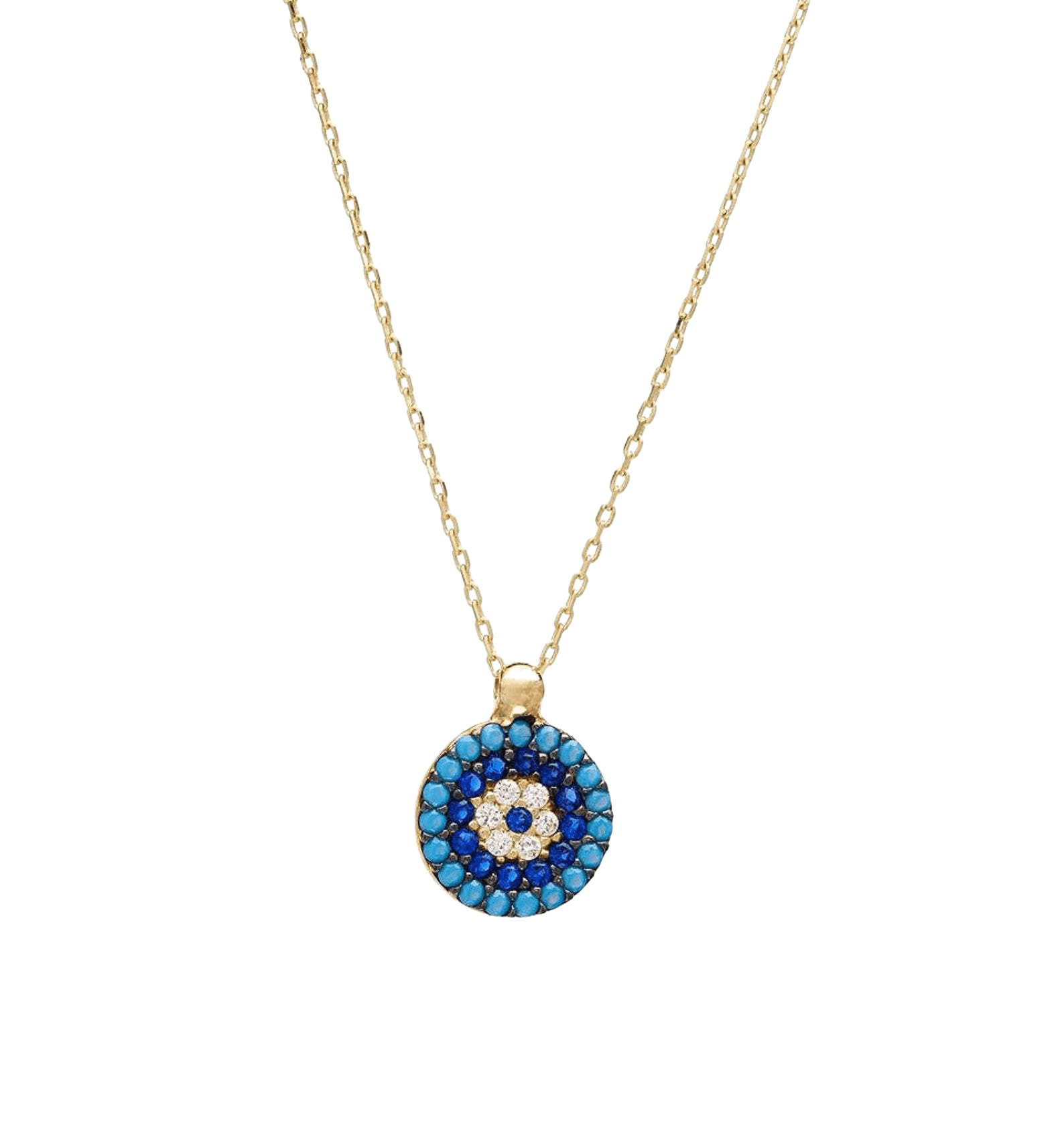 14K yellow gold turquoise evil eye necklace with CZ stones, 16 inches long, perfect for everyday wear.