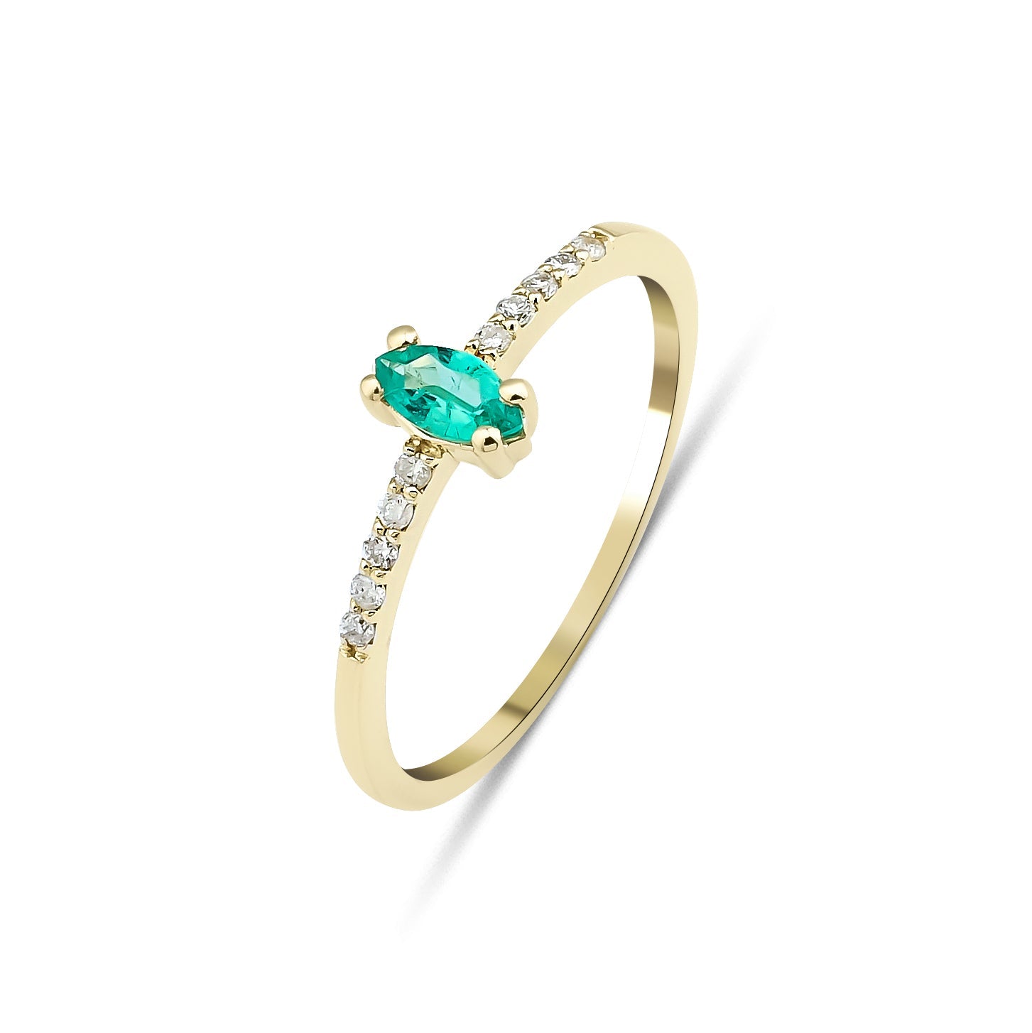 14K gold natural marquise emerald and diamond wedding ring featuring delicate design and sparkling gemstones.