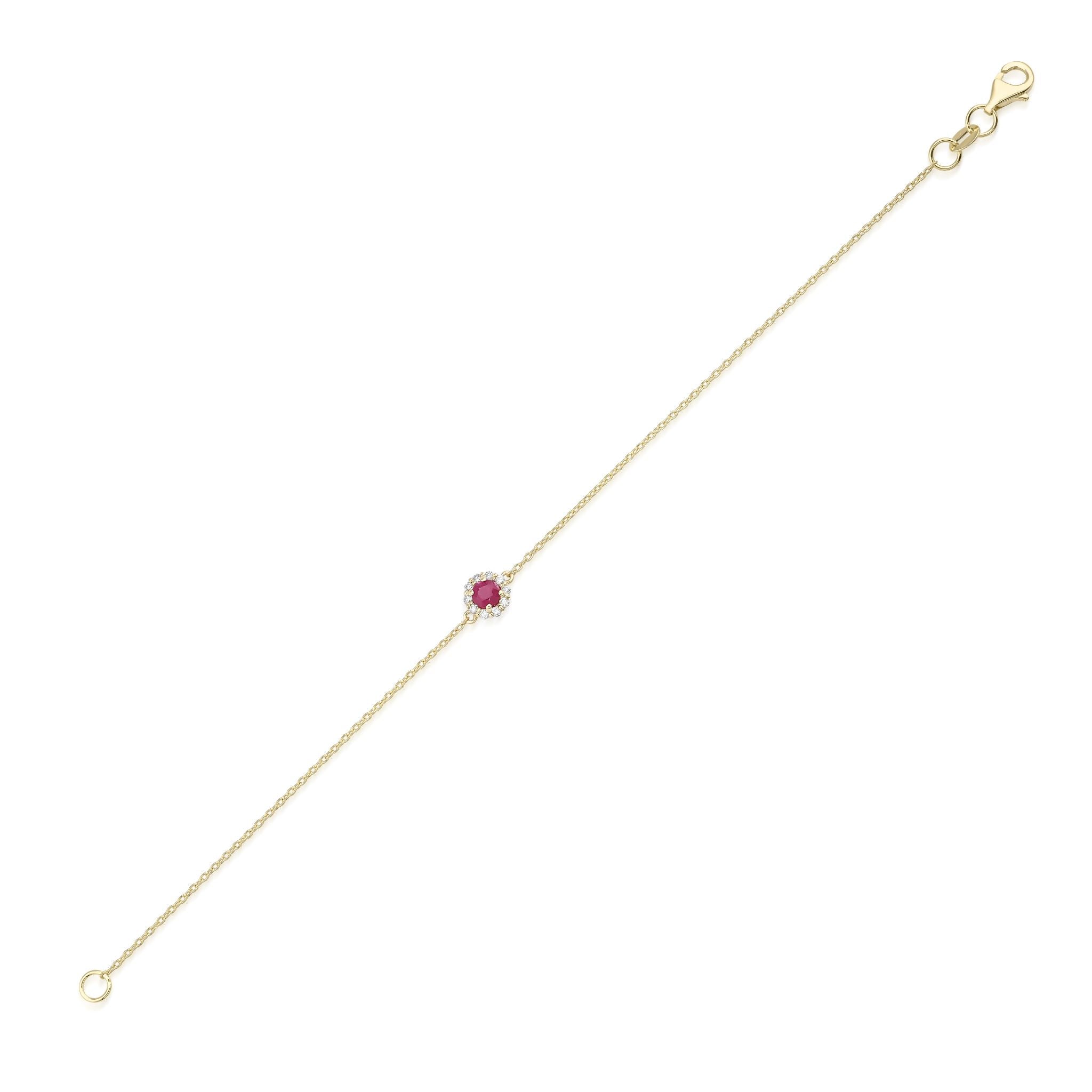 14K gold bracelet featuring a pear-shaped ruby center stone surrounded by diamonds, ideal for everyday elegance.
