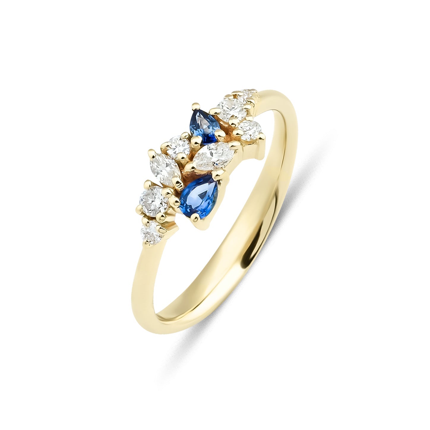 14K gold cluster ring featuring natural sapphire and marquise diamond accents in a delicate design.