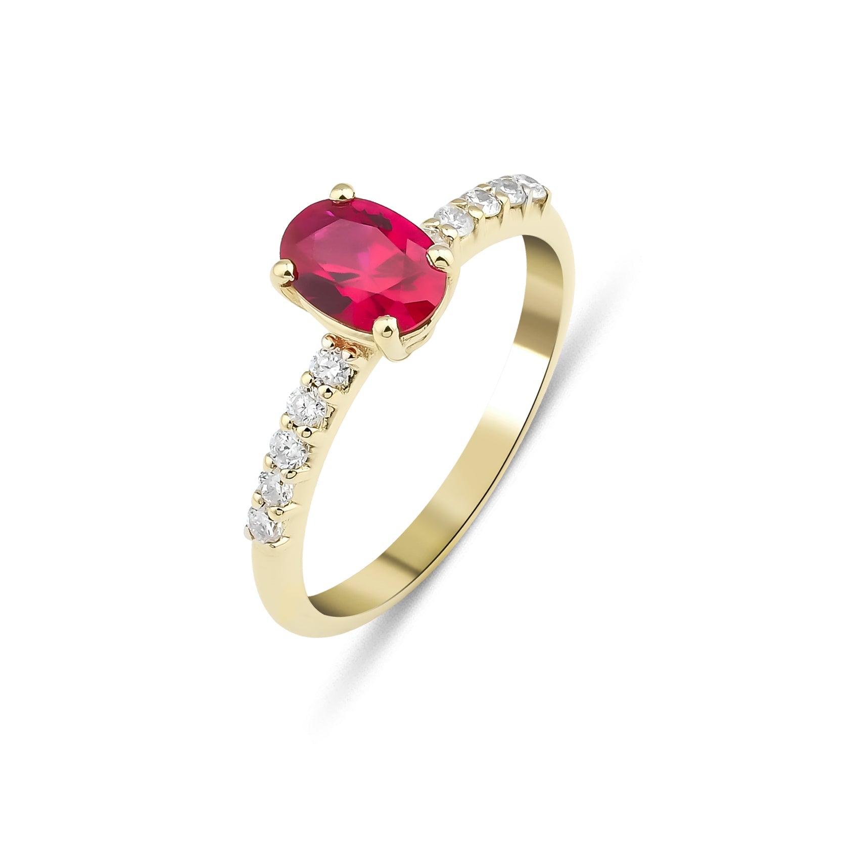 14K gold oval ruby and diamond ring showcasing a stunning lab-created ruby and sparkling diamonds, perfect for engagements.