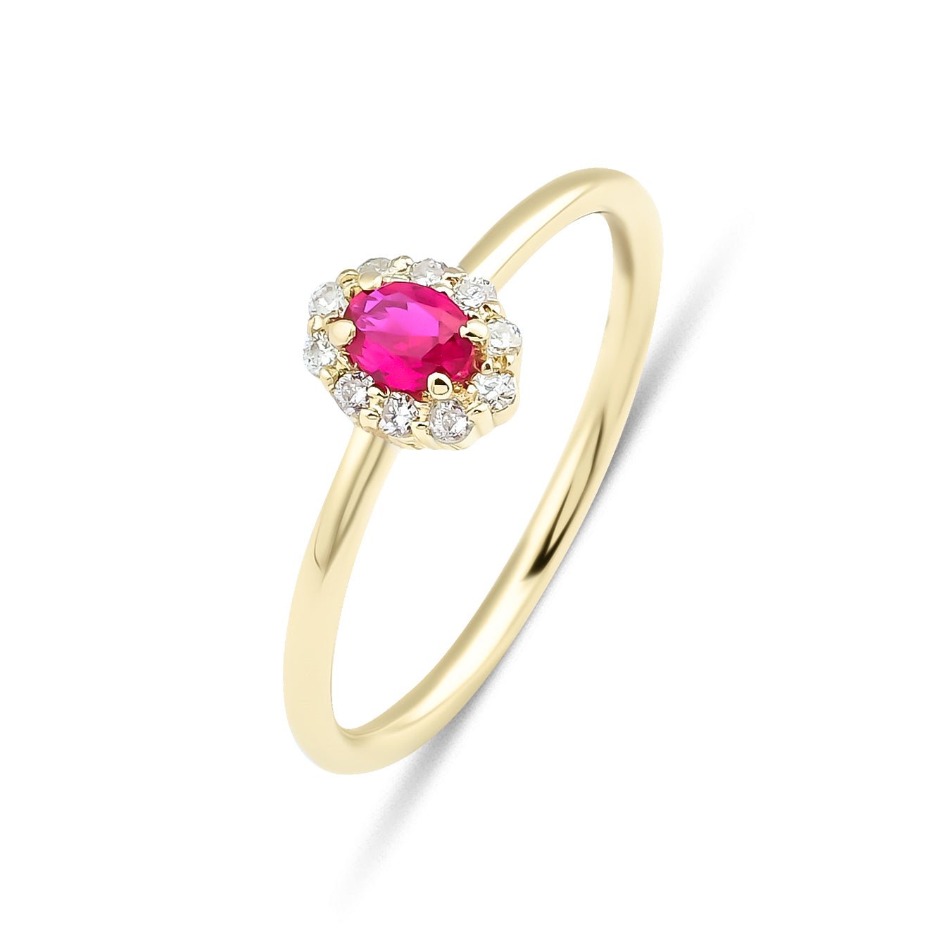 14K gold oval ruby and diamond ring featuring a lab-created ruby and round diamonds, perfect for everyday elegance.