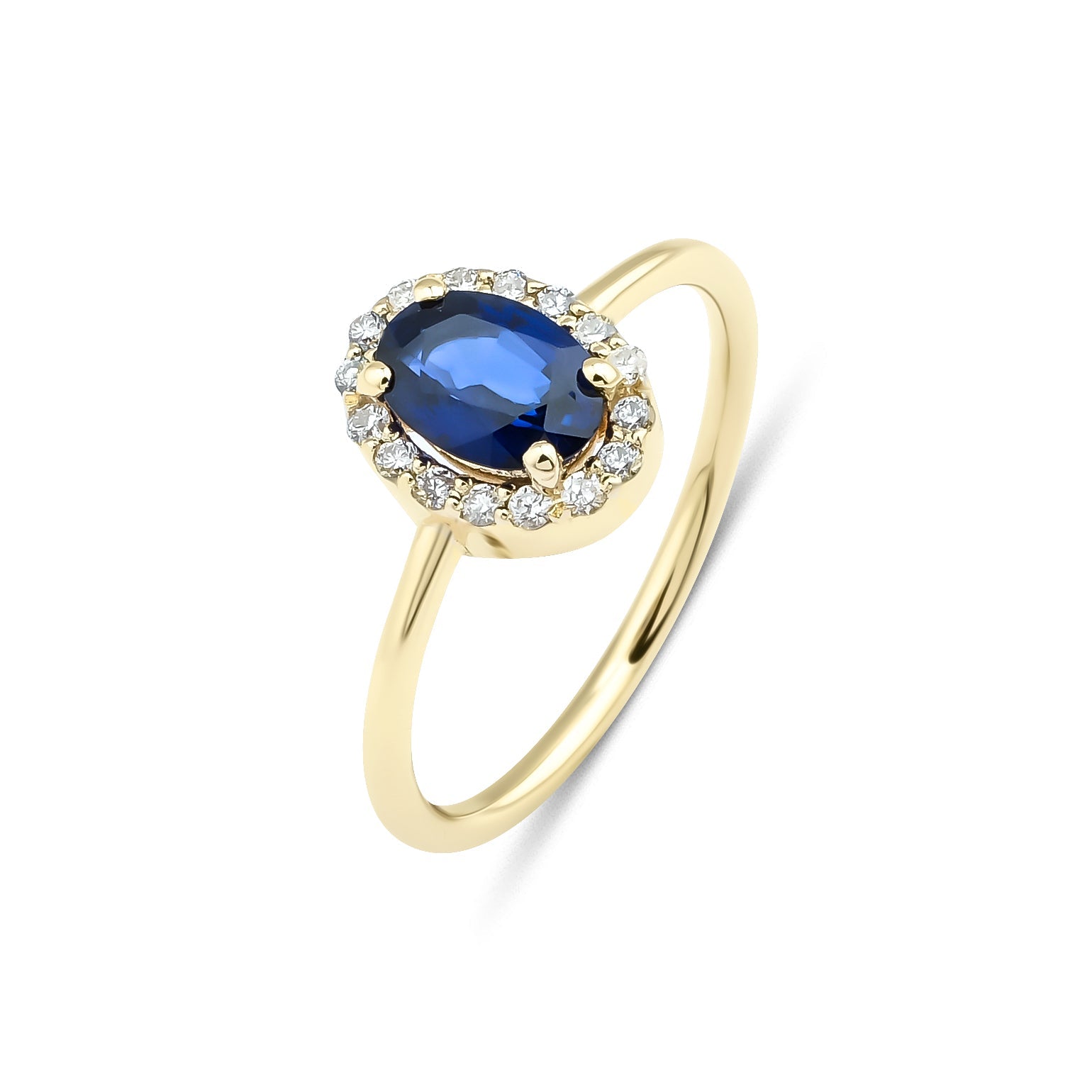 14K gold oval sapphire engagement ring surrounded by sparkling diamonds, elegant design perfect for everyday use.