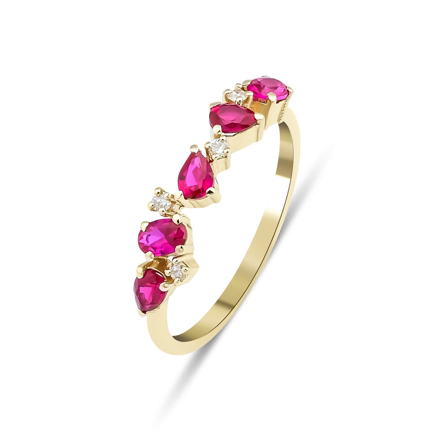 14K gold wedding ring featuring pear shape lab created rubies and diamonds, perfect for everyday elegance.