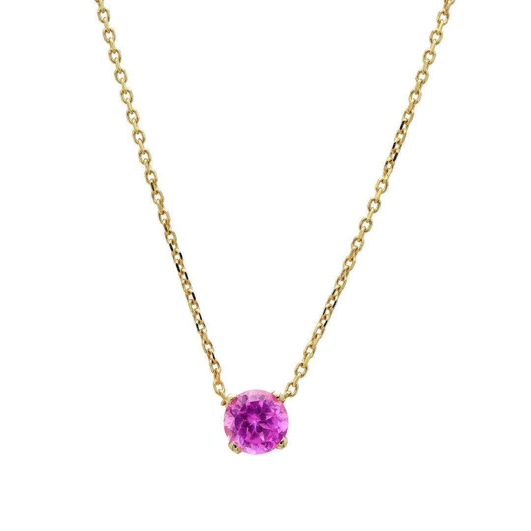 14K yellow gold minimalist necklace featuring a 5mm lab-created pink sapphire in a prong setting.