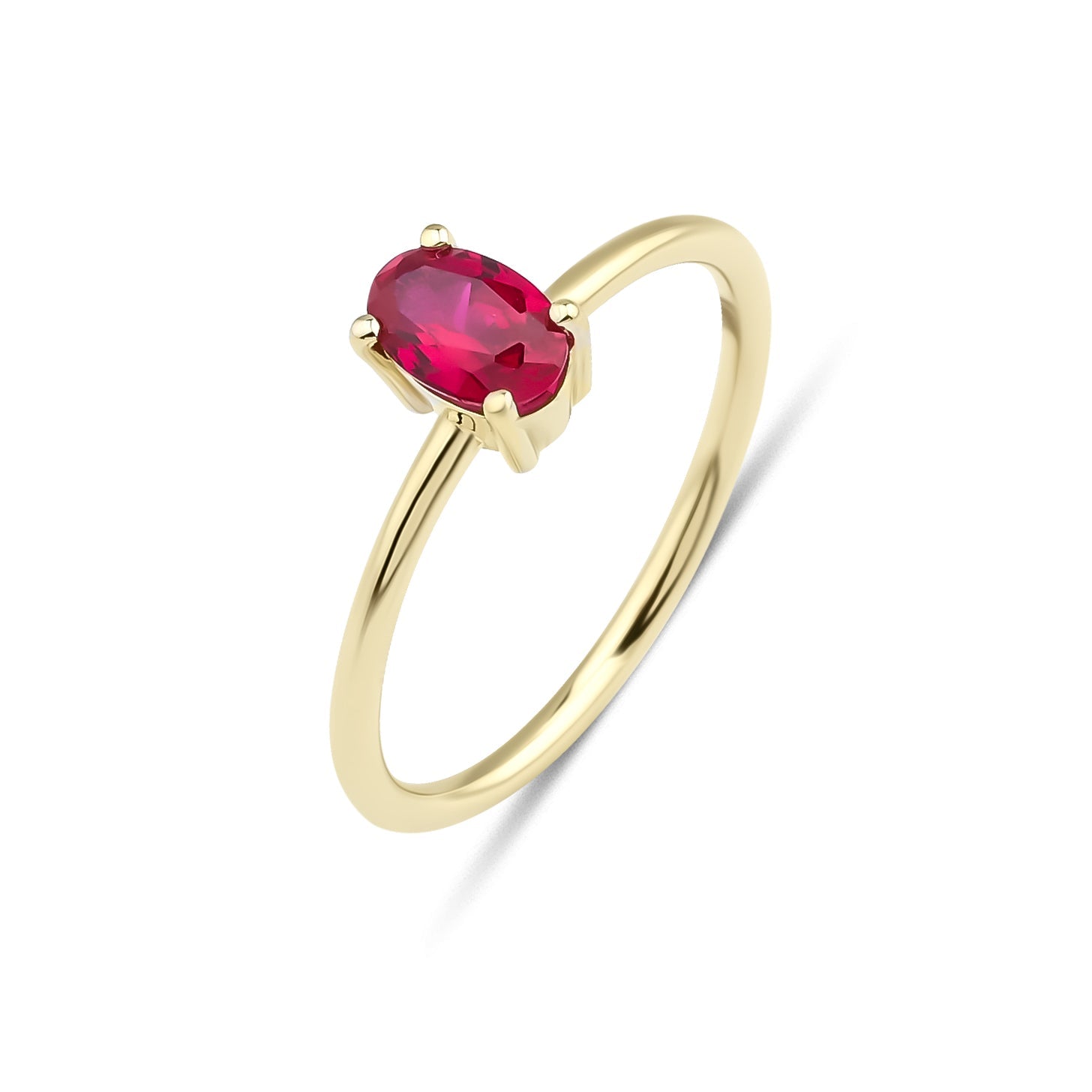 14K gold ruby solitaire engagement ring featuring a stunning oval lab-created ruby in a shiny finish.