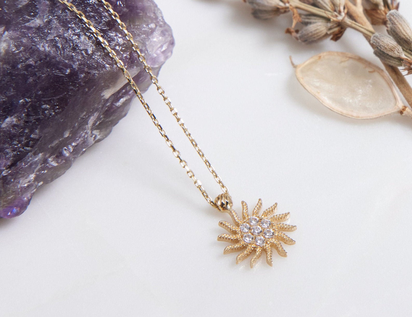14K solid yellow gold minimalist sun necklace with CZ, dainty and classy, perfect for everyday wear.