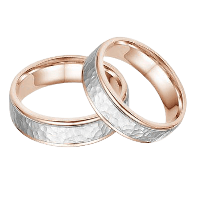 Elegant 14K rose gold and platinum his and hers wedding rings with hammered finish, comfort fitted design.