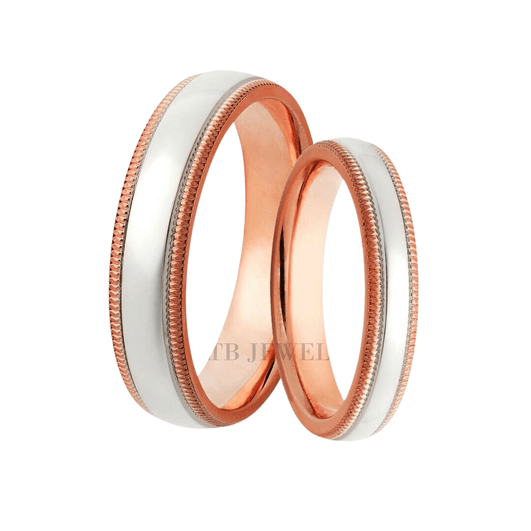 14K rose gold and platinum wedding bands with shiny finish and milgrain, comfort fitted, available in various styles.