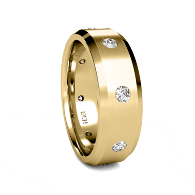 14K Rose Gold beveled edge men's diamond wedding band with satin finish and eight round brilliant cut diamonds.