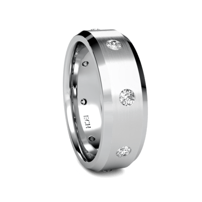 14K Rose Gold beveled edge men's wedding band featuring 8 round diamonds, 7mm wide with satin and shiny finish.