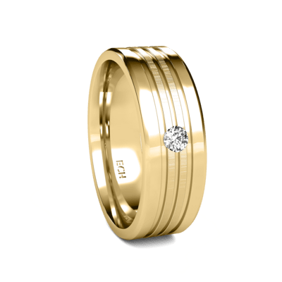 14K Rose Gold Flat Men's Diamond Wedding Band with brushed and shiny finish, featuring a round brilliant cut diamond.