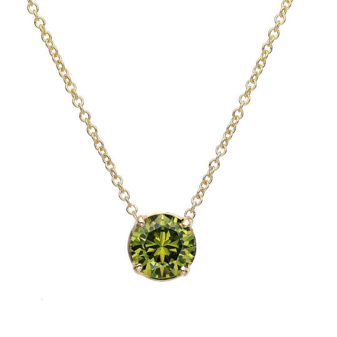 14K solid gold necklace featuring a 6mm green peridot solitaire pendant, elegant and minimalist design.