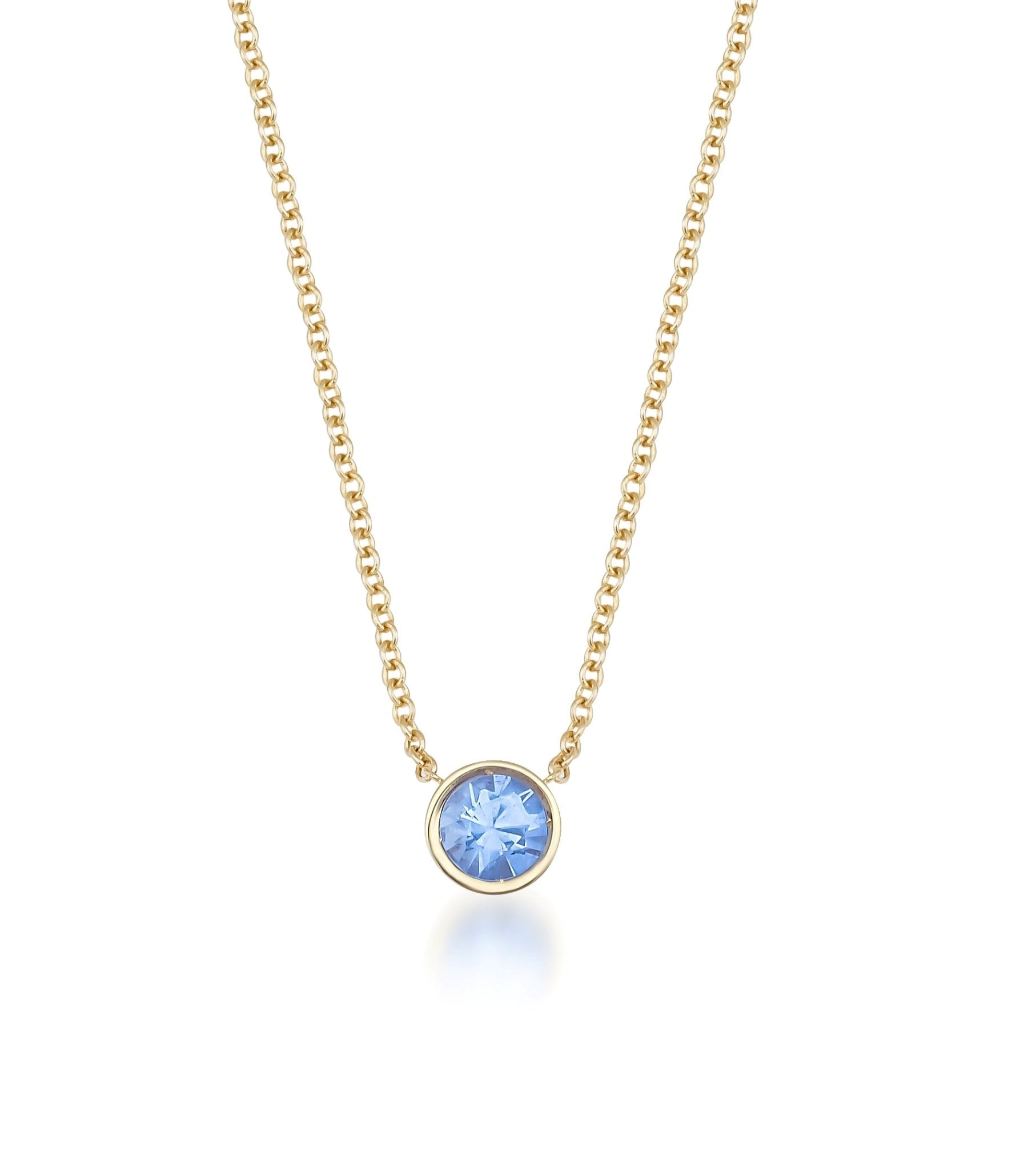 14K yellow gold necklace with 4mm bezel set lab-created aquamarine pendant, perfect for everyday wear.