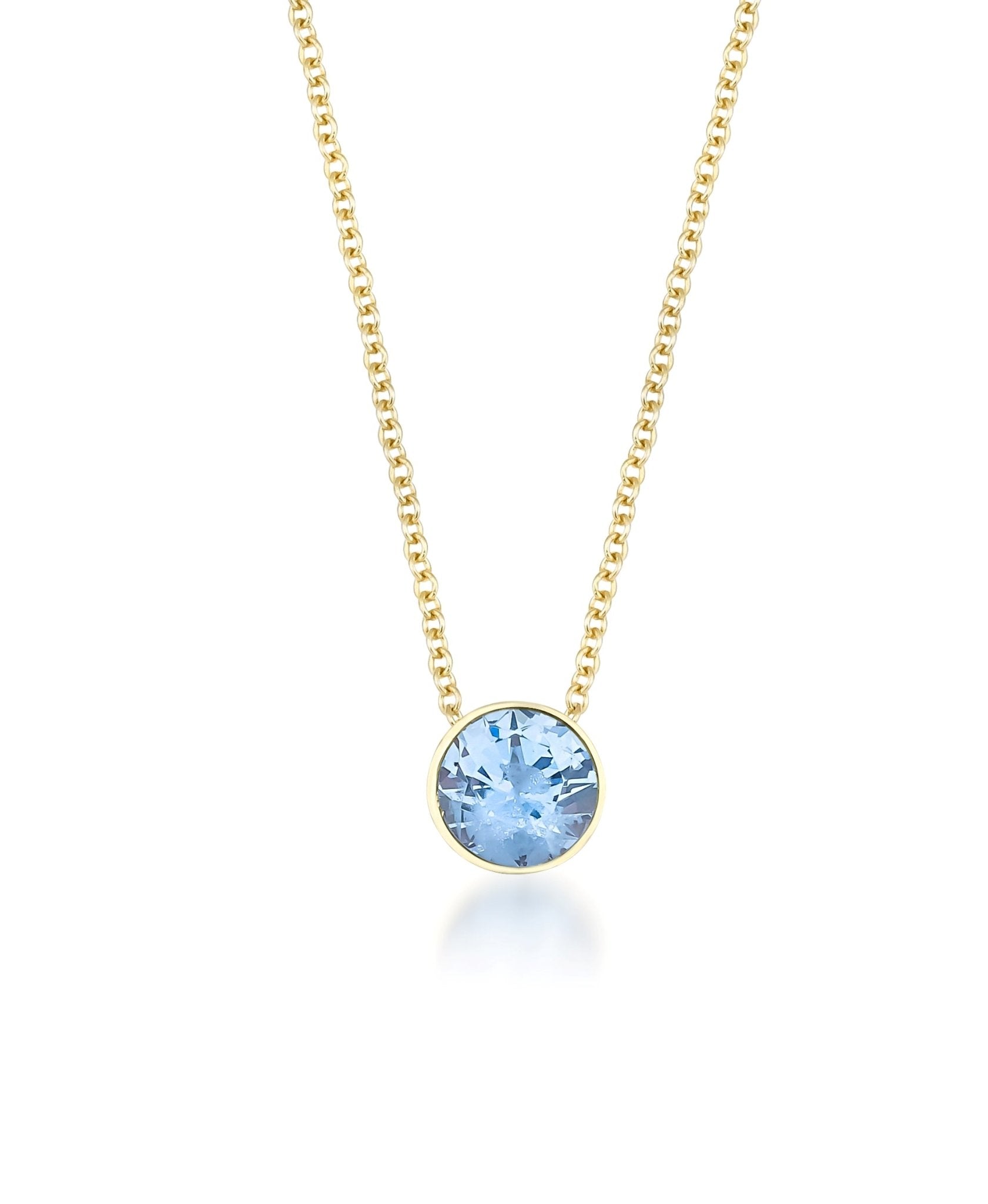 14K yellow gold 6mm bezel set solitaire aquamarine necklace, March birthstone, delicate minimalist jewelry, 16-inch length.