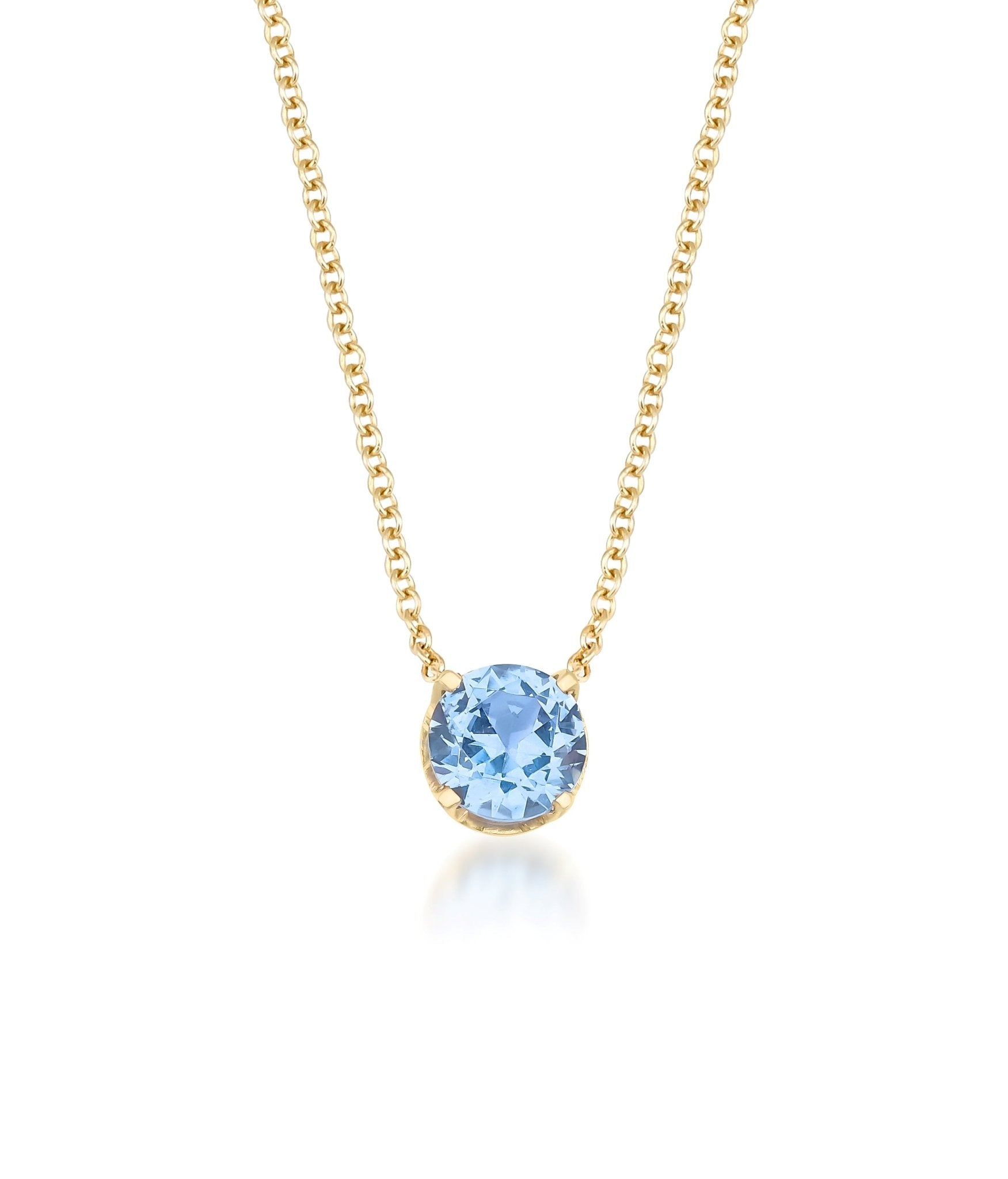 14K solid yellow gold necklace featuring a 6mm lab-created aquamarine solitaire pendant, elegant and minimalist.