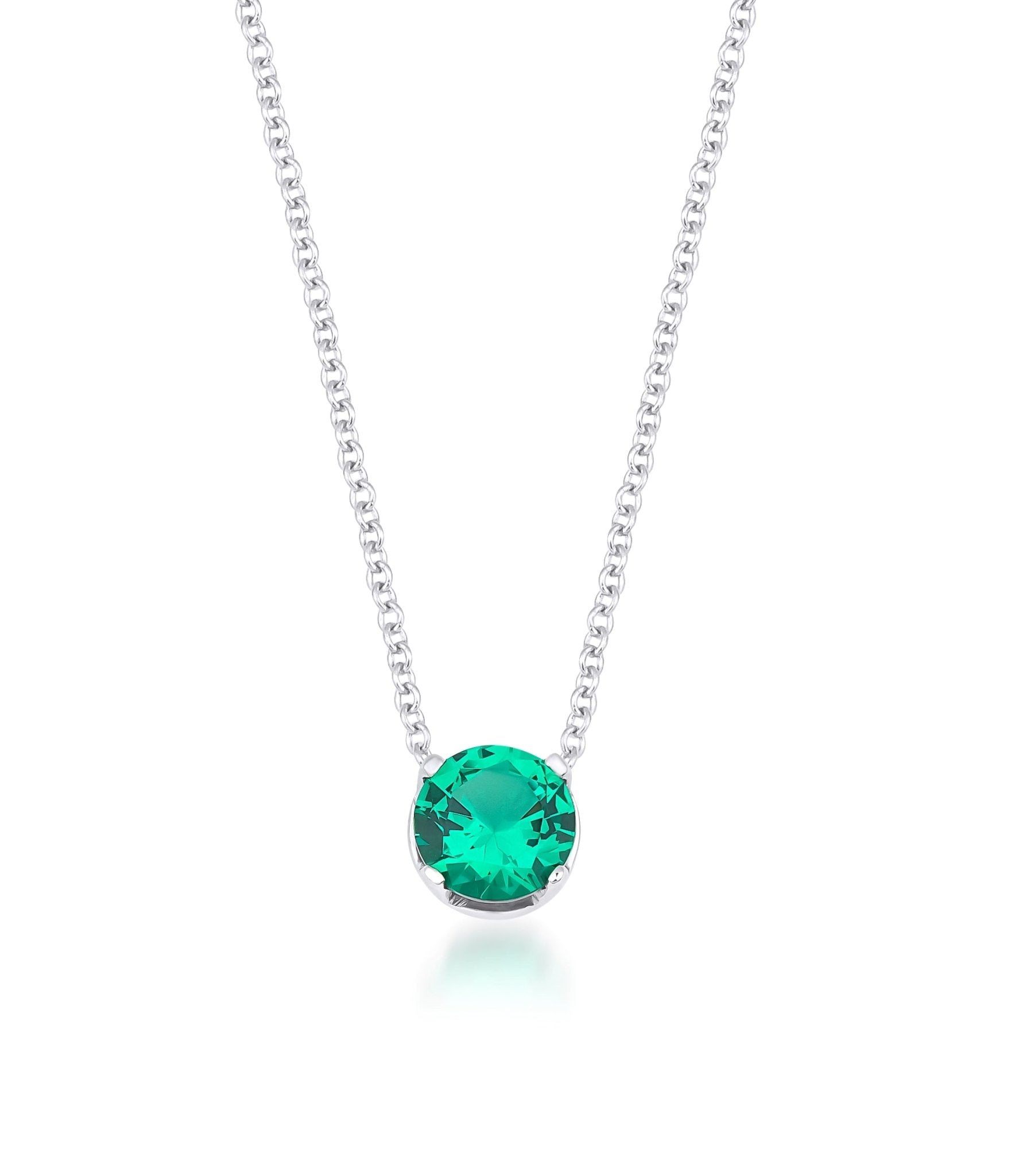 14K white gold 6mm prong setting solitaire emerald necklace, minimalist design, lab-created emerald, May birthstone.