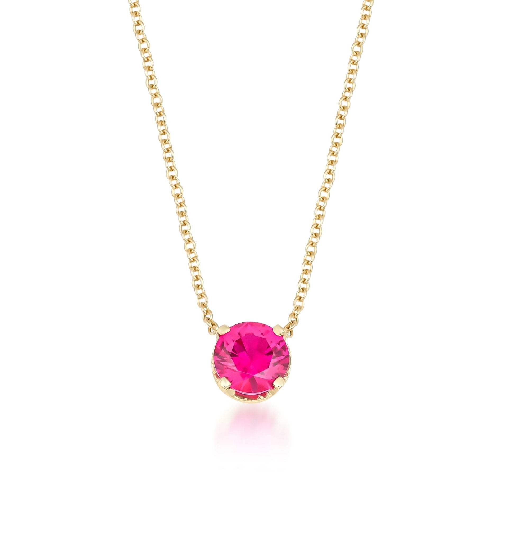 14K yellow gold 6mm prong set ruby solitaire necklace with a vibrant pink gemstone, ideal for everyday elegance.