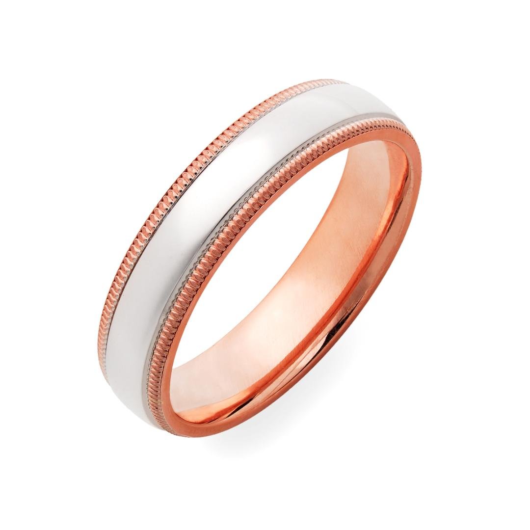 14K solid rose gold and platinum wedding band with milgrain edges, 5mm comfort fit, shiny finish, handmade in New York.