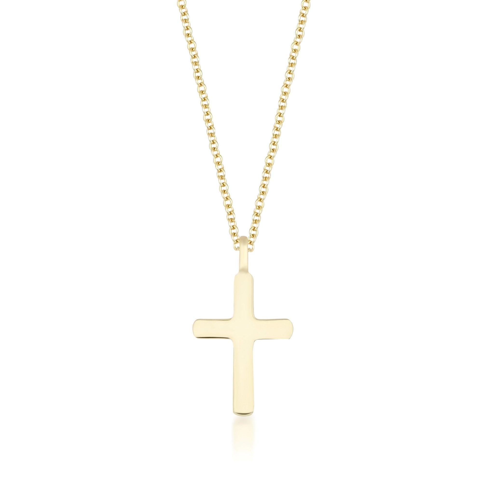 Minimalist yellow gold cross necklace on a chain, perfect for subtle elegance and everyday wear.