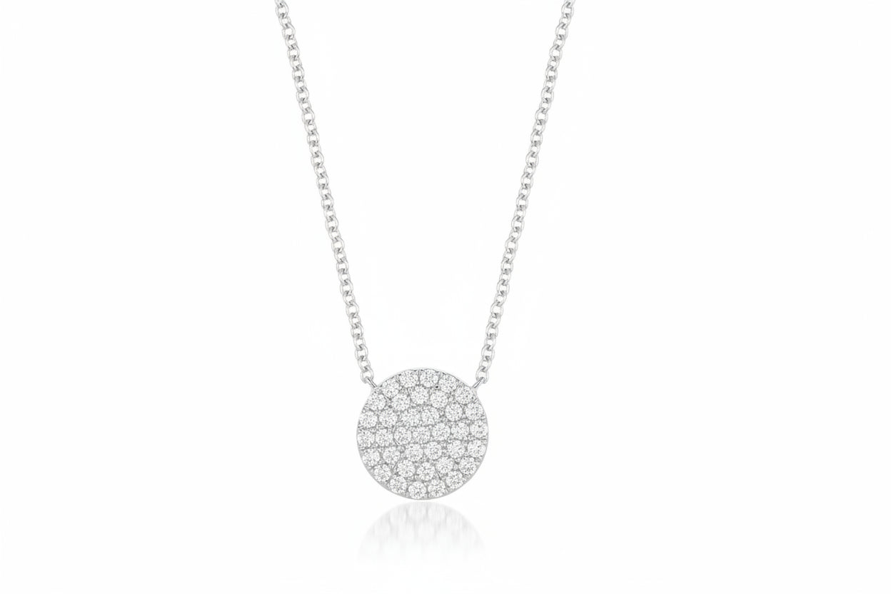 14K white gold diamond circle necklace featuring a delicate design and 39 sparkling diamonds, perfect for everyday elegance.