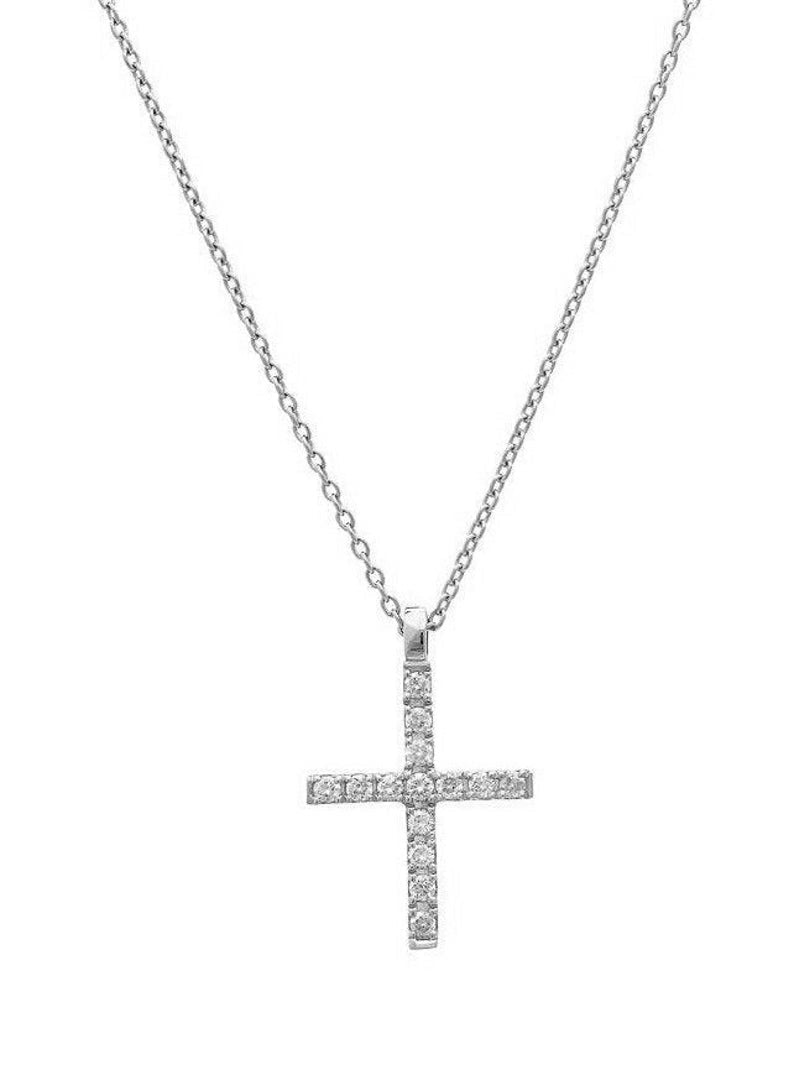 14K solid white gold diamond cross necklace featuring 15 sparkling diamonds on a delicate chain.