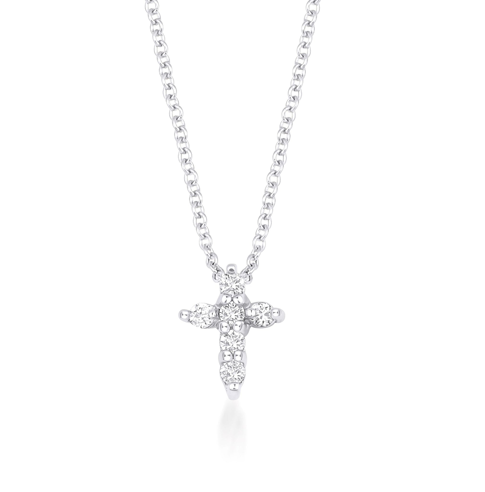 14K solid white gold minimalist cross necklace with diamond accents, perfect for everyday wear, 16 inches long.