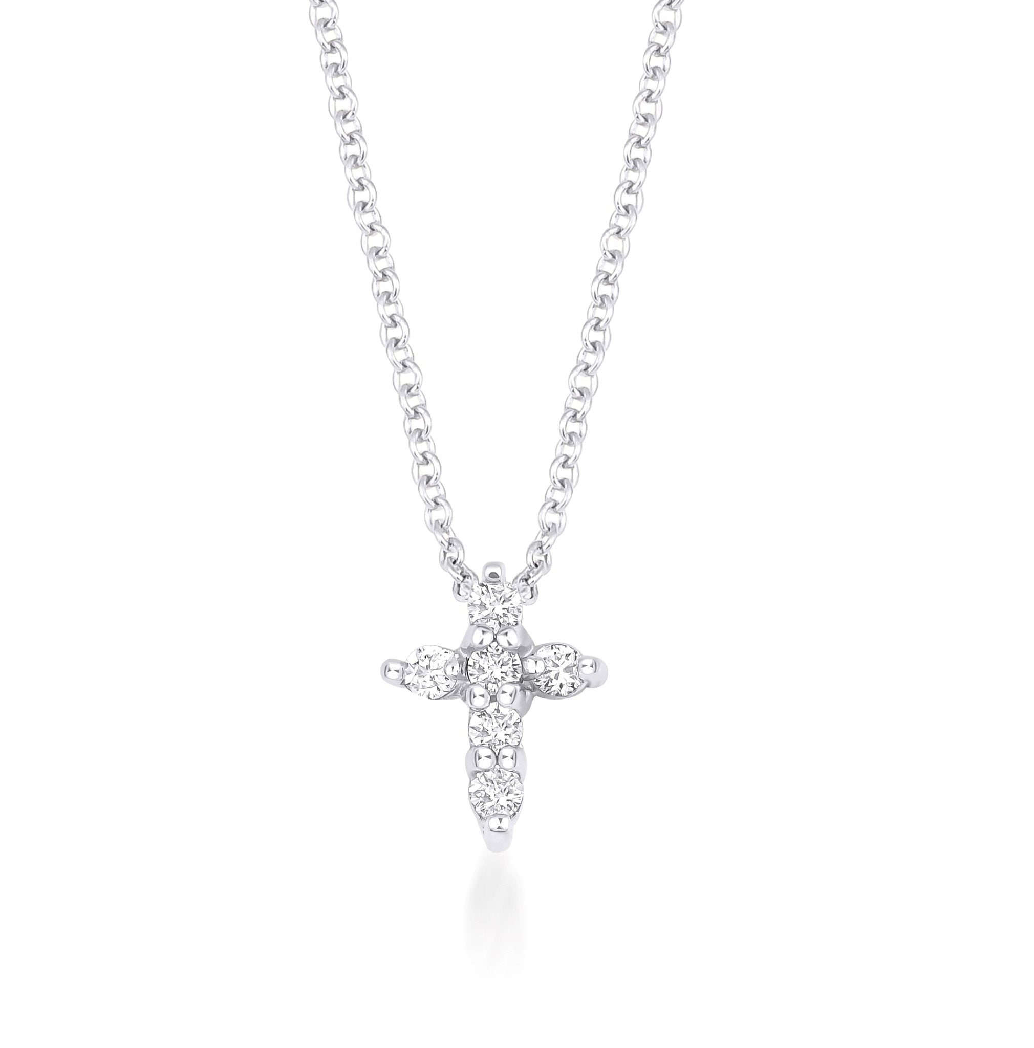 14K white gold minimalist diamond cross necklace on a delicate chain, featuring 6 sparkling diamonds.