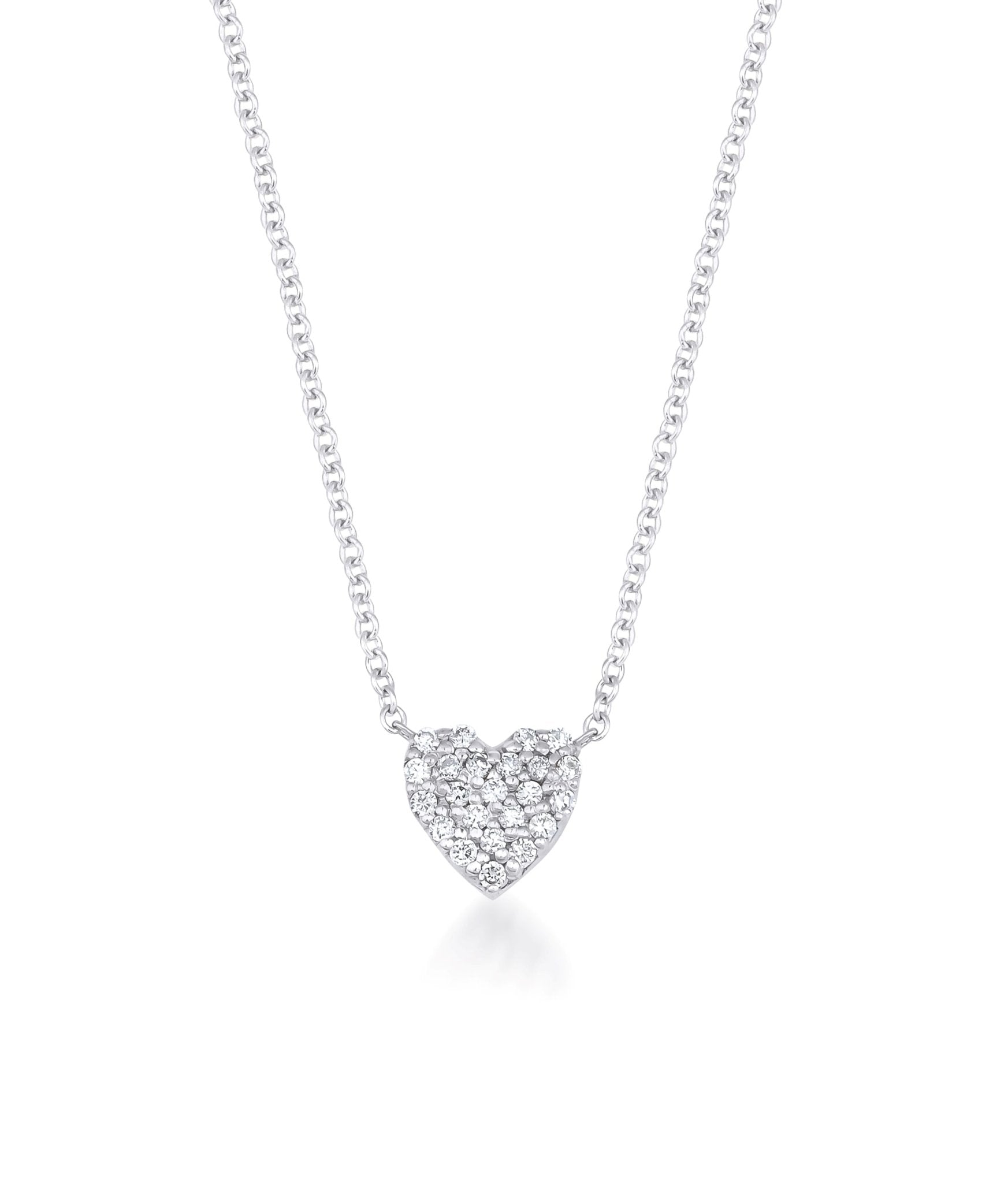 14K solid white gold minimalist diamond heart necklace with sparkling diamonds, perfect for everyday wear.