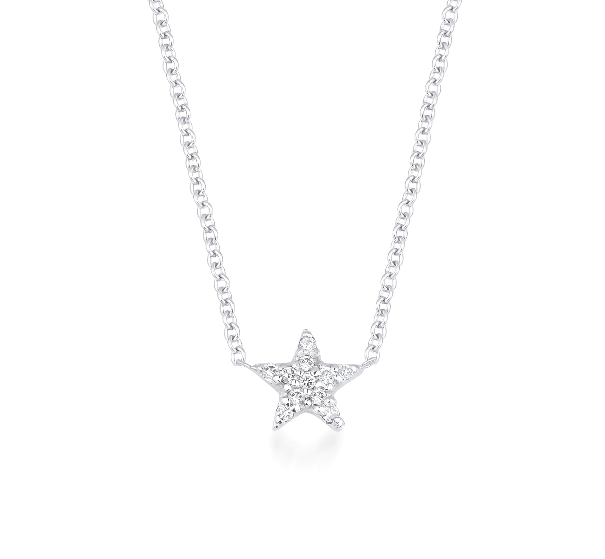 14K solid white gold minimalist star necklace with sparkling diamonds, perfect for everyday wear.