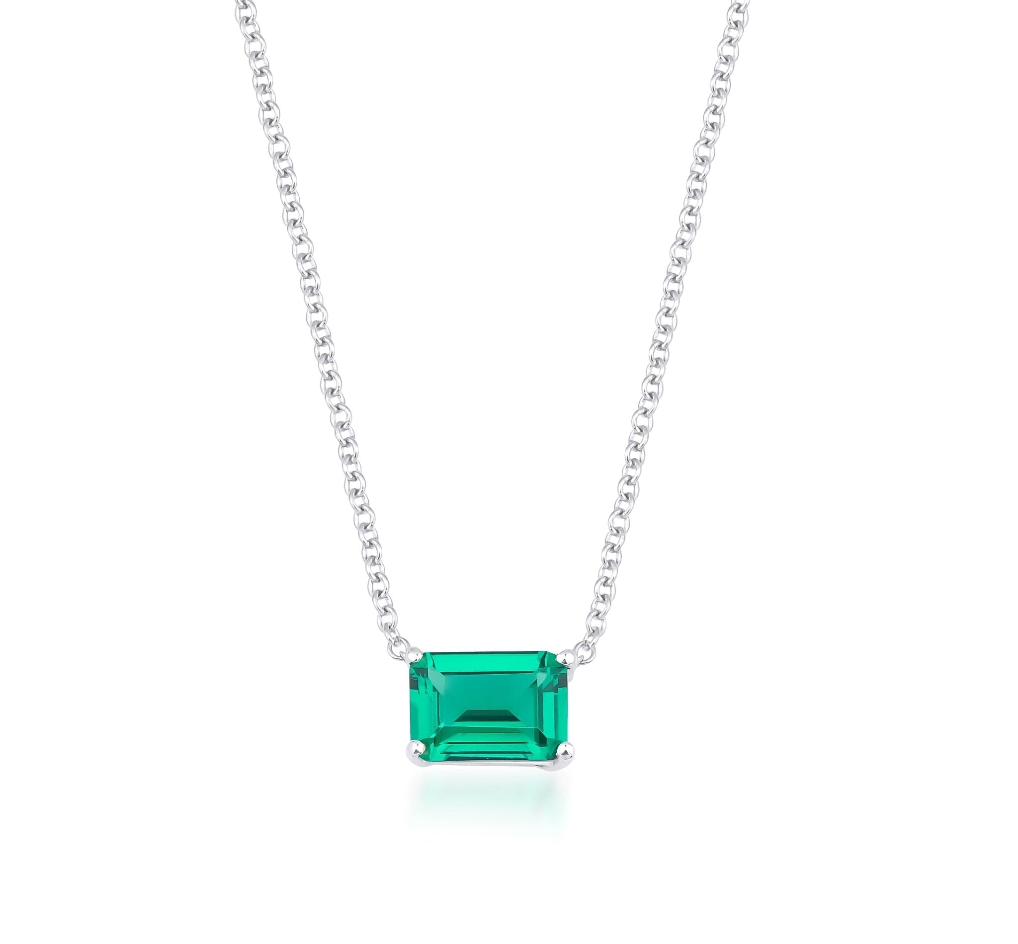 14K white gold emerald cut solitaire emerald necklace with 7x5mm pendant, delicate and minimalist design.