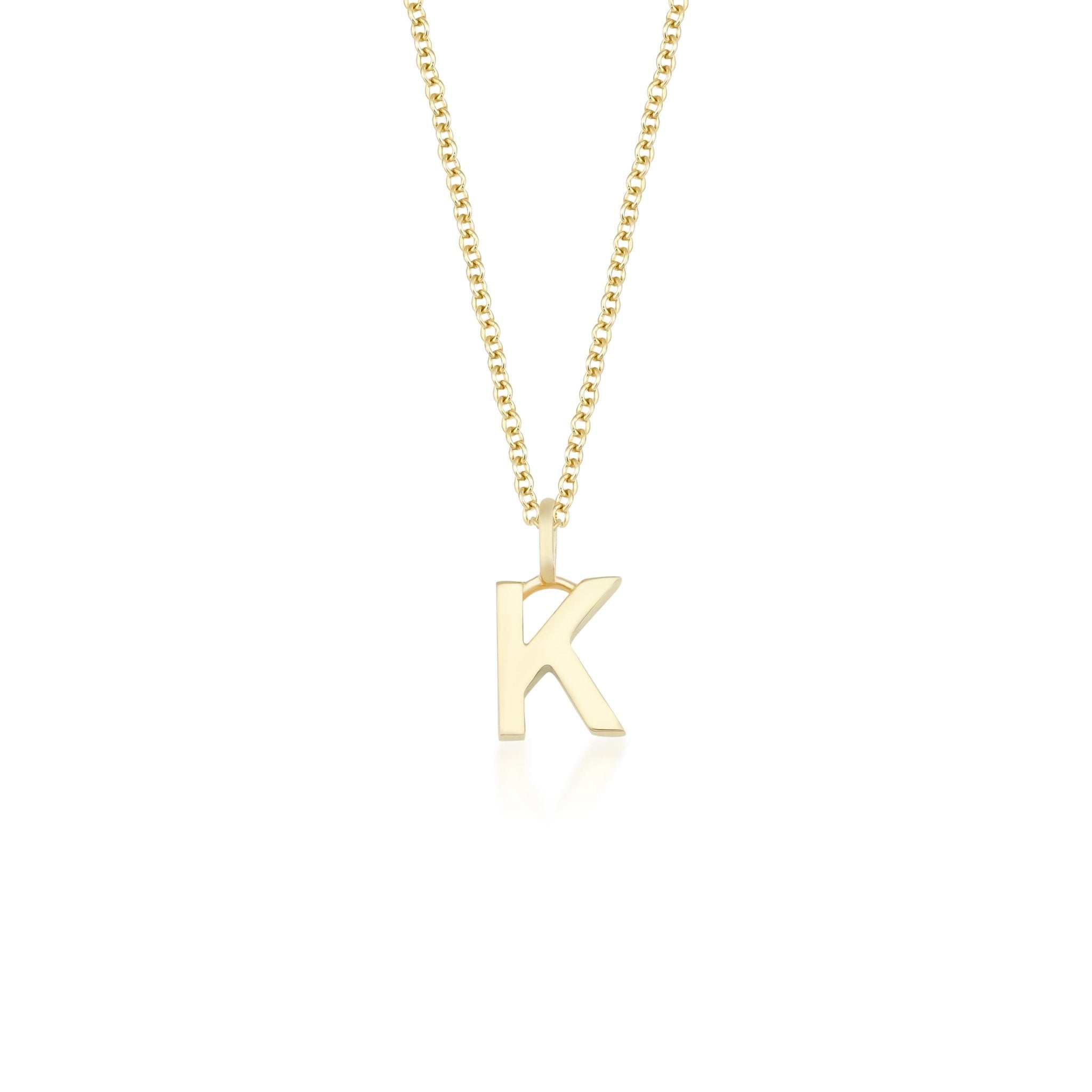 14K solid white gold letter K initial necklace on a delicate chain, measuring 16 inches in length.