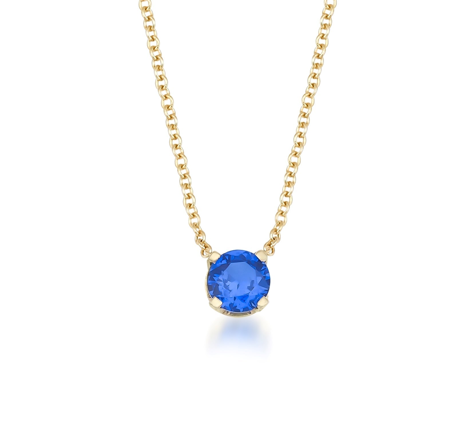 14K gold minimalist necklace featuring a 5mm blue sapphire solitaire pendant, elegant and perfect for everyday wear.