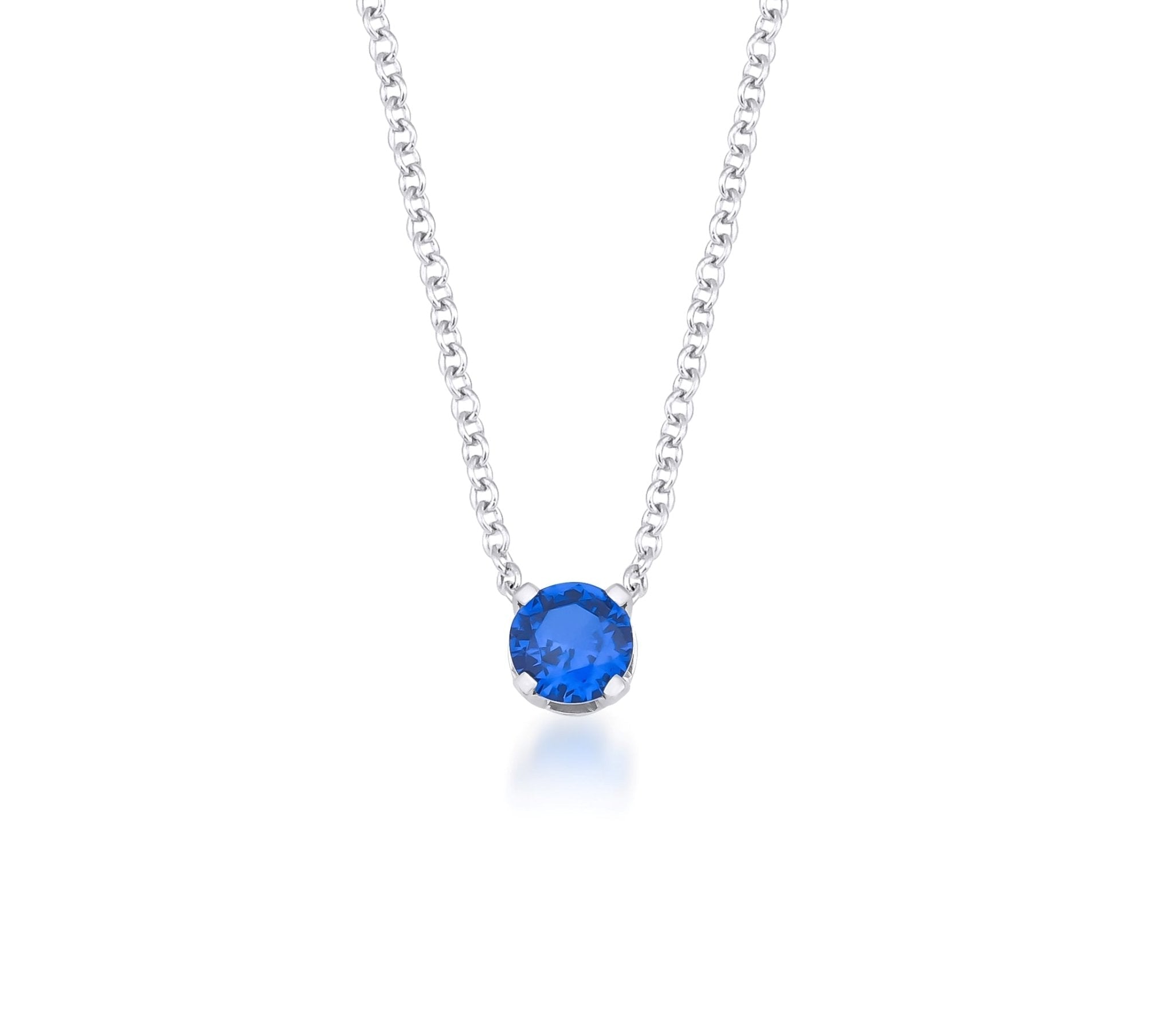 14K white gold 5mm prong setting solitaire sapphire necklace on a minimalist chain, perfect for everyday wear.