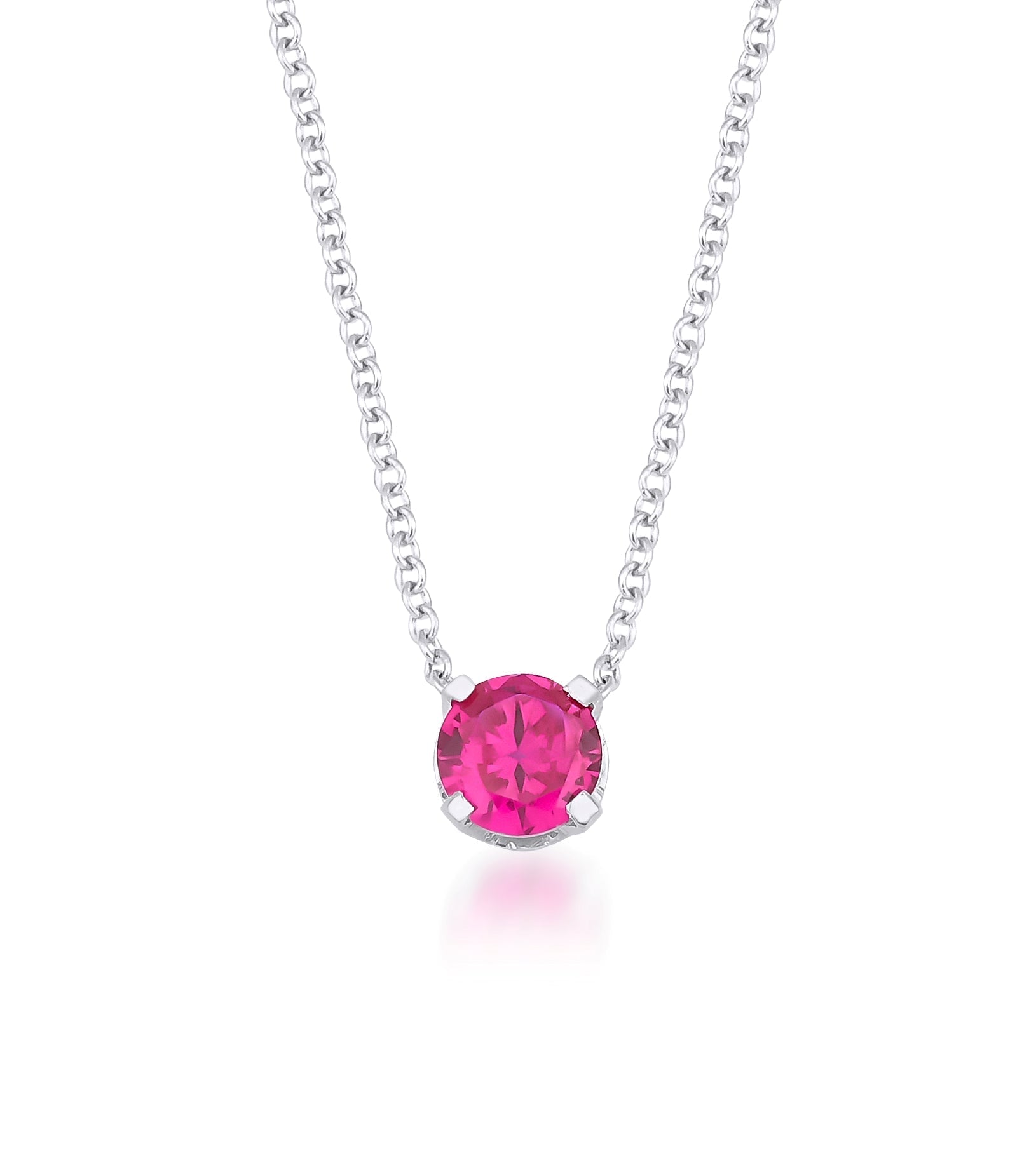 14K white gold chain necklace featuring a 6mm prong-set red ruby solitaire pendant - minimalist and elegant.