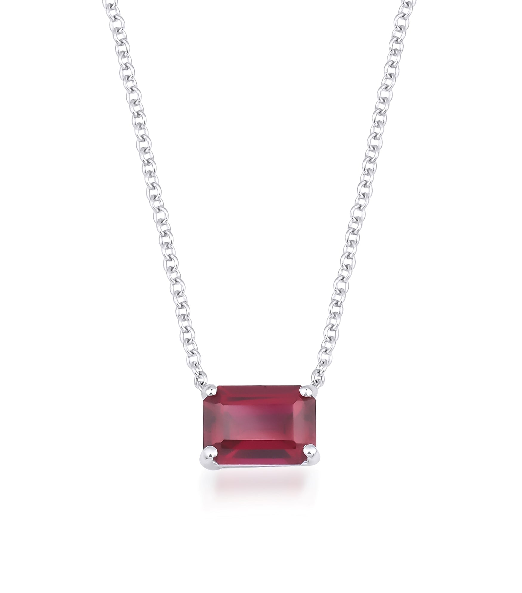 14K white gold emerald cut ruby solitaire necklace, 7x5mm ruby pendant on delicate chain, perfect for everyday wear.