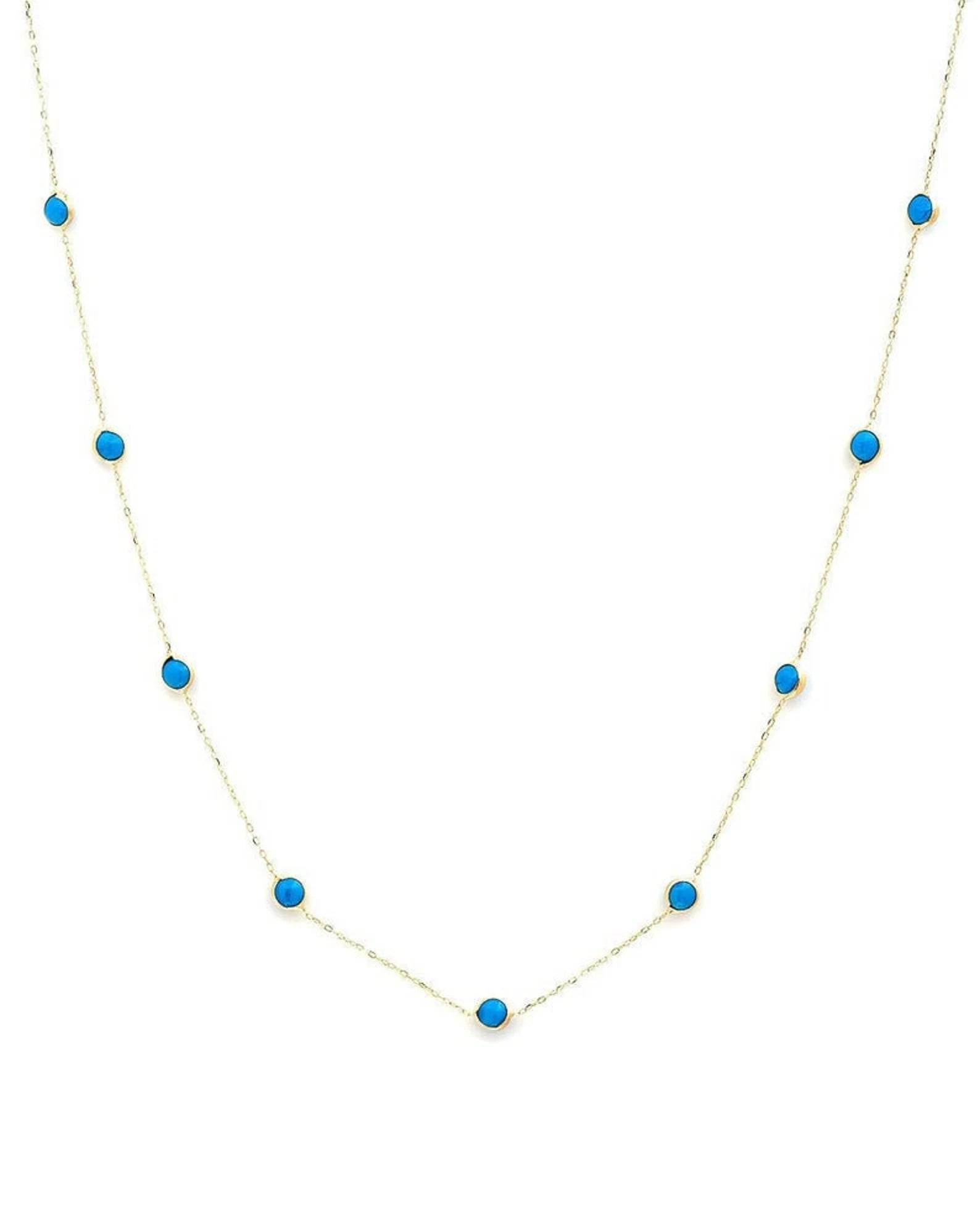 14K solid yellow gold beaded station necklace with turquoise accents, minimalist design, 16.5 inches long.