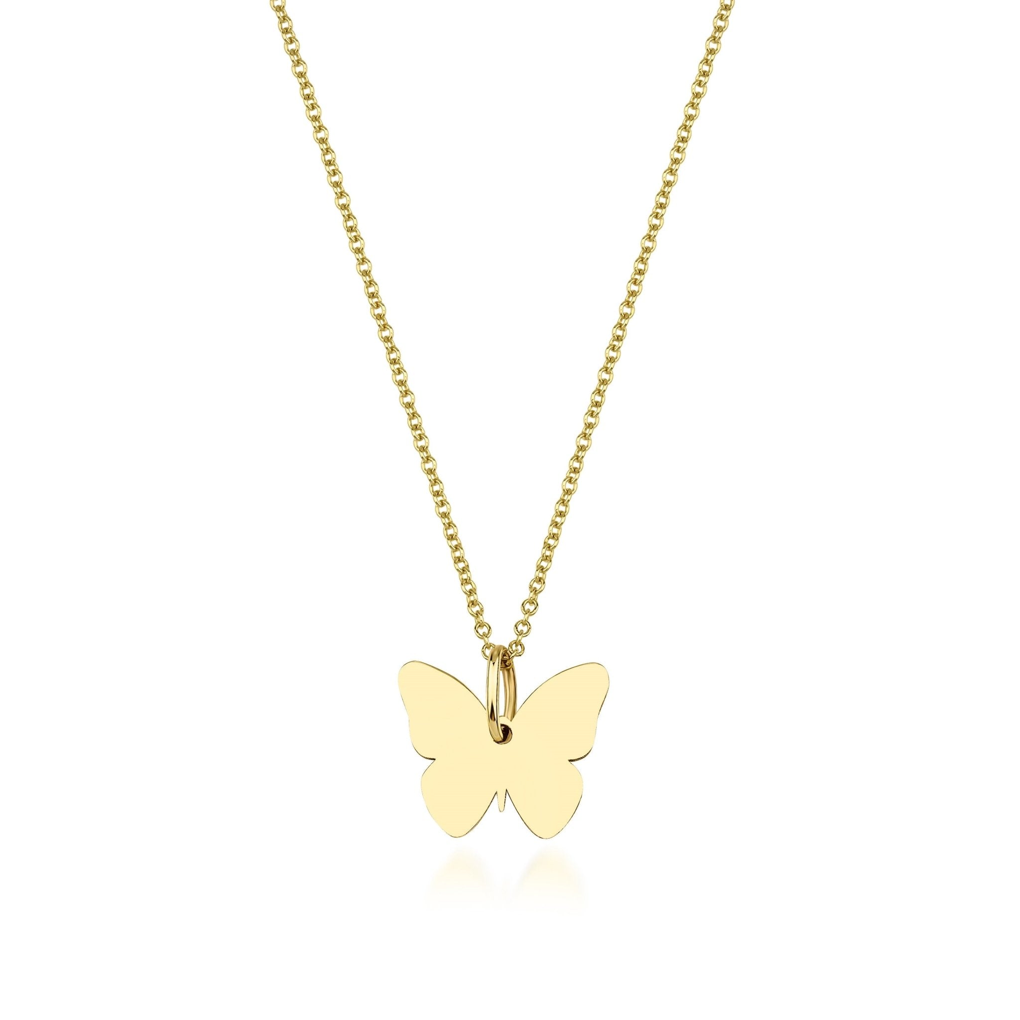 14K solid yellow gold butterfly necklace on a delicate chain, perfect for everyday wear and comes in a gift box.