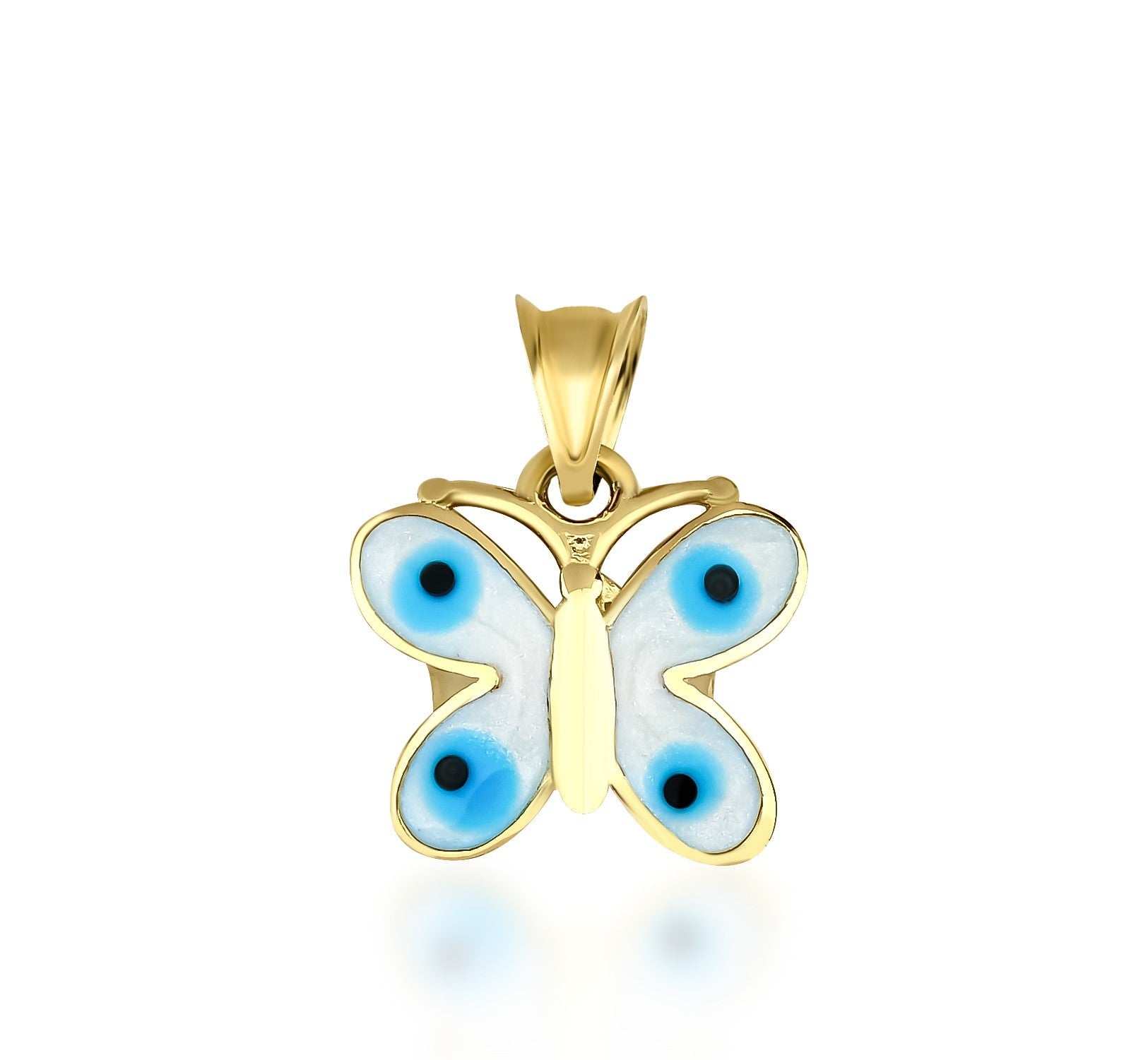 14K solid yellow gold butterfly pendant featuring blue accents, perfect for a delicate and classy necklace.