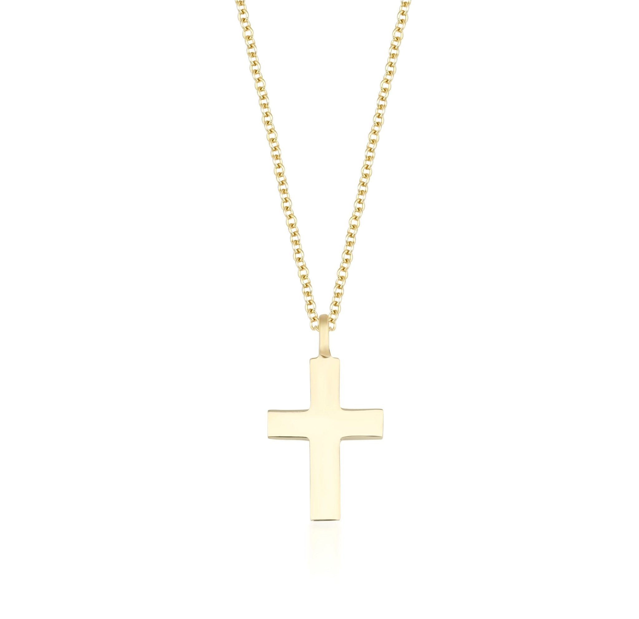 14K solid yellow gold dainty cross necklace with a minimalist design, featuring a 16-inch chain and a simple cross pendant.