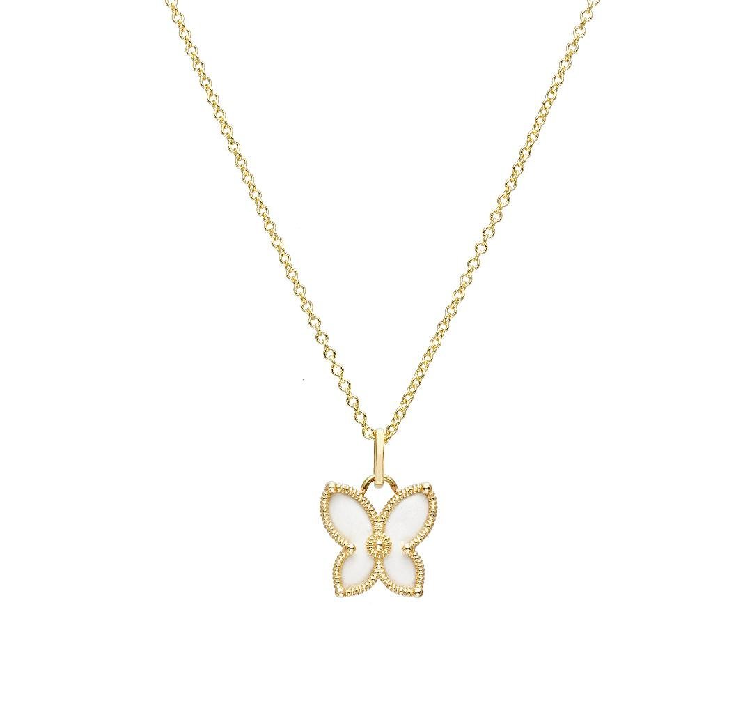 14K solid yellow gold dainty butterfly necklace with enamel detailing, perfect for everyday wear.