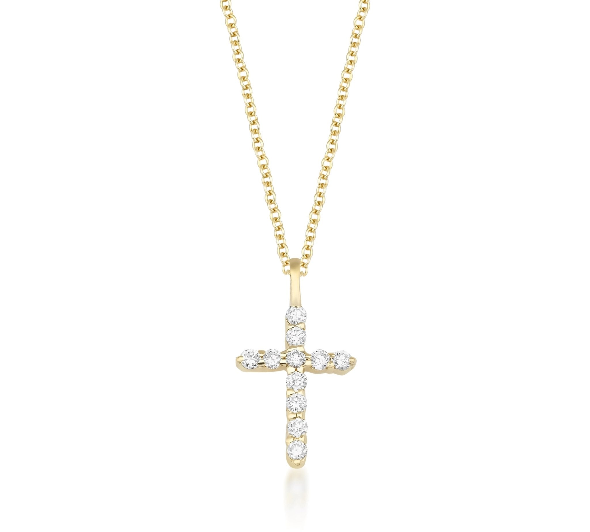 14K solid yellow gold diamond cross necklace with sparkling white diamonds, perfect for everyday wear.