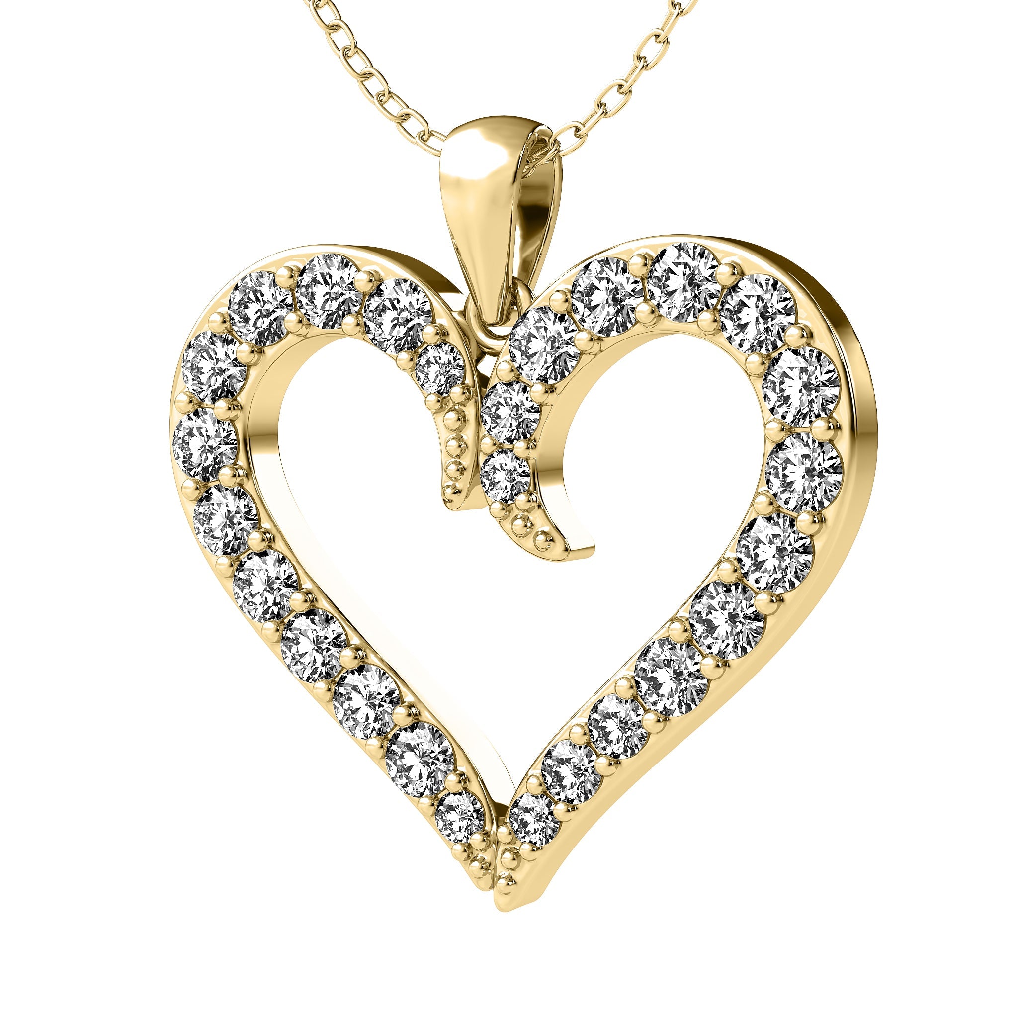 14K solid yellow gold diamond heart pendant necklace featuring sparkling lab-grown diamonds.
