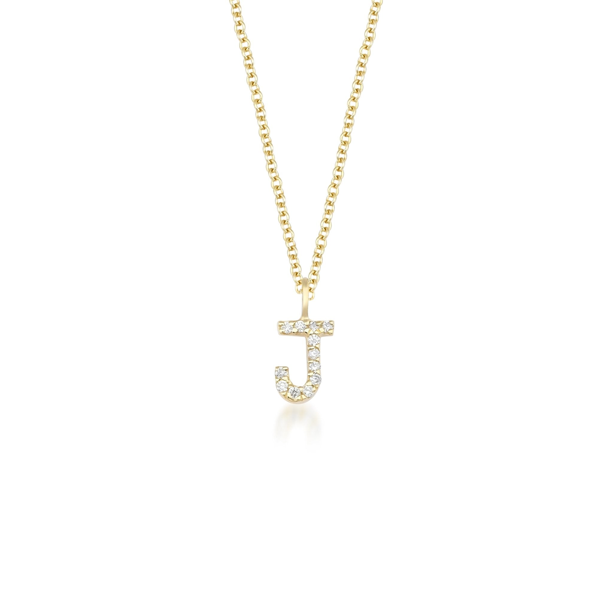 14K yellow gold diamond initial necklace featuring sparkling letter J, perfect for personalized jewelry.